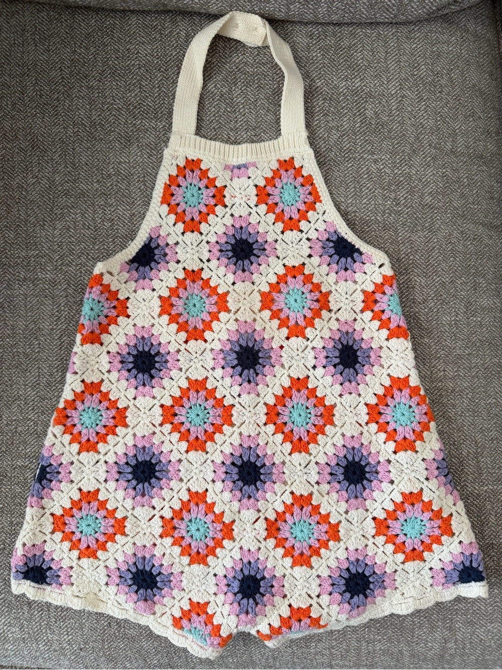 Zara Cream Crochet Floral Romper with Orange, Purple, Pink, Aqua Accents
